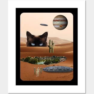 Cat on the Attack of Aliens Stopping at Waterhole Posters and Art